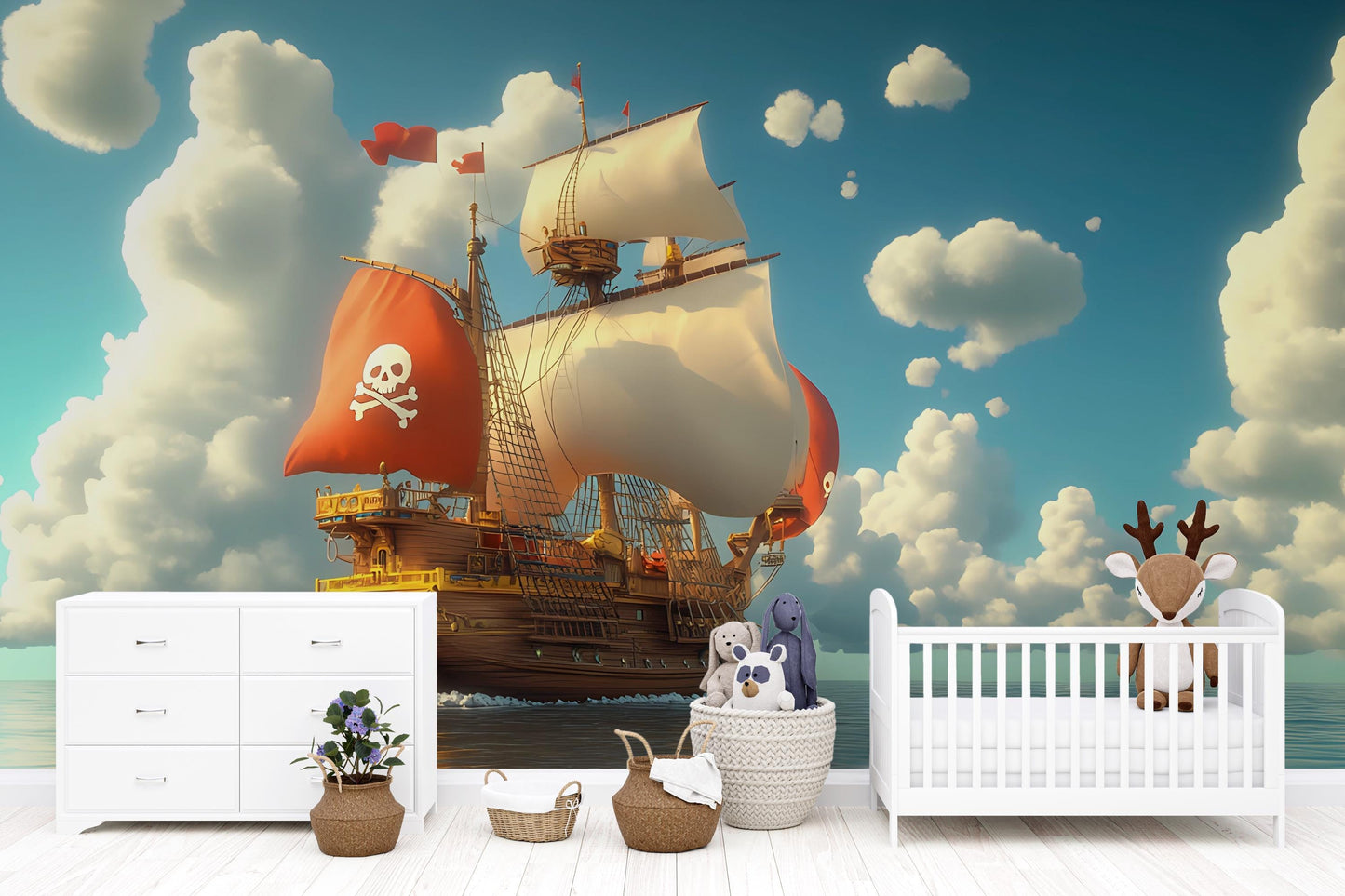 Pirate Ship Wall Mural for Kids Room – Nautical Ocean Adventure Wallpaper – Removable Peel and Stick Pirate Decor Vn 309