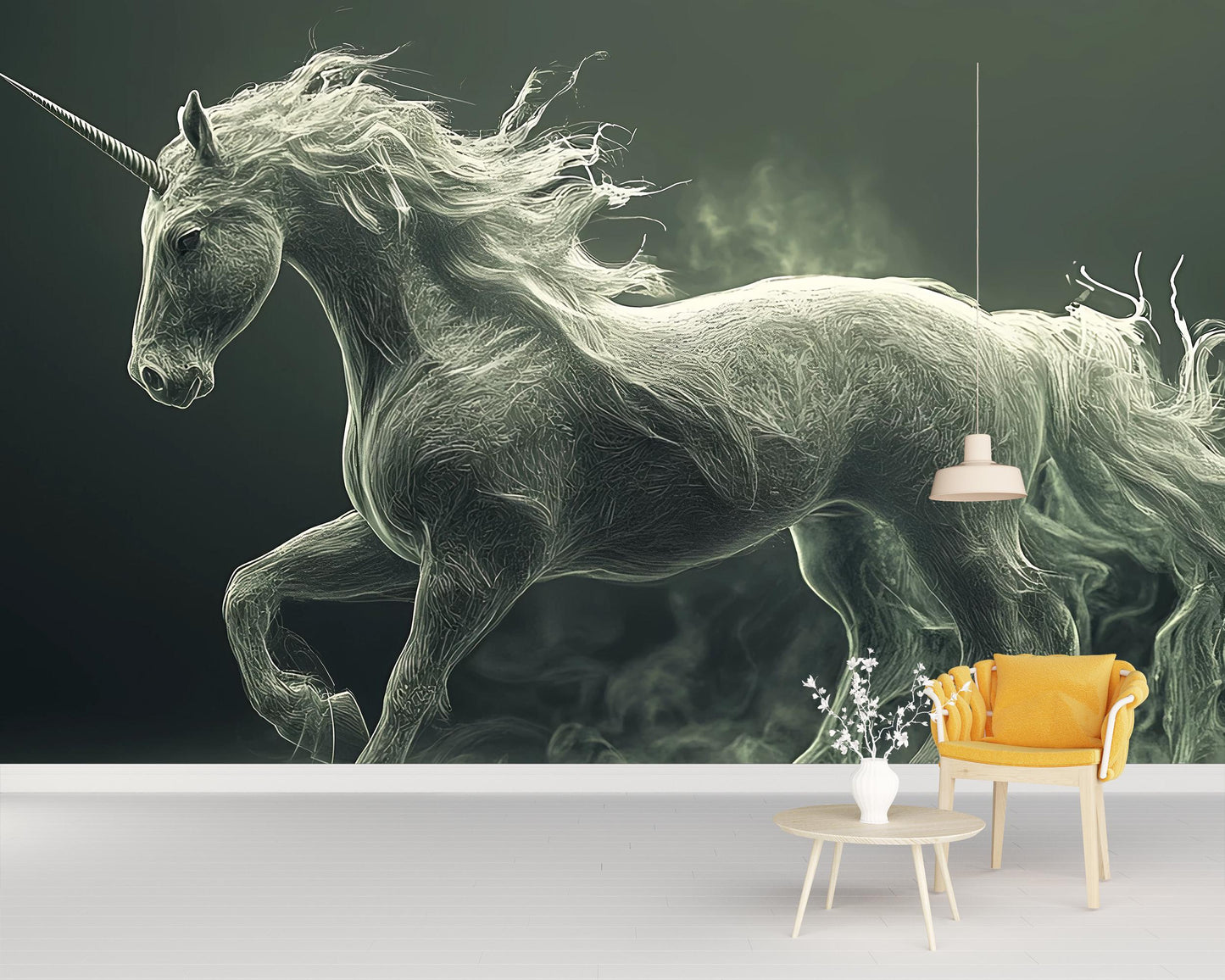 Mystical Ghostly Unicorn Wall Mural - Fantasy Horse Art Wallpaper for Living Room, Magical Creature Decor, Surreal Home Accent Vn 298
