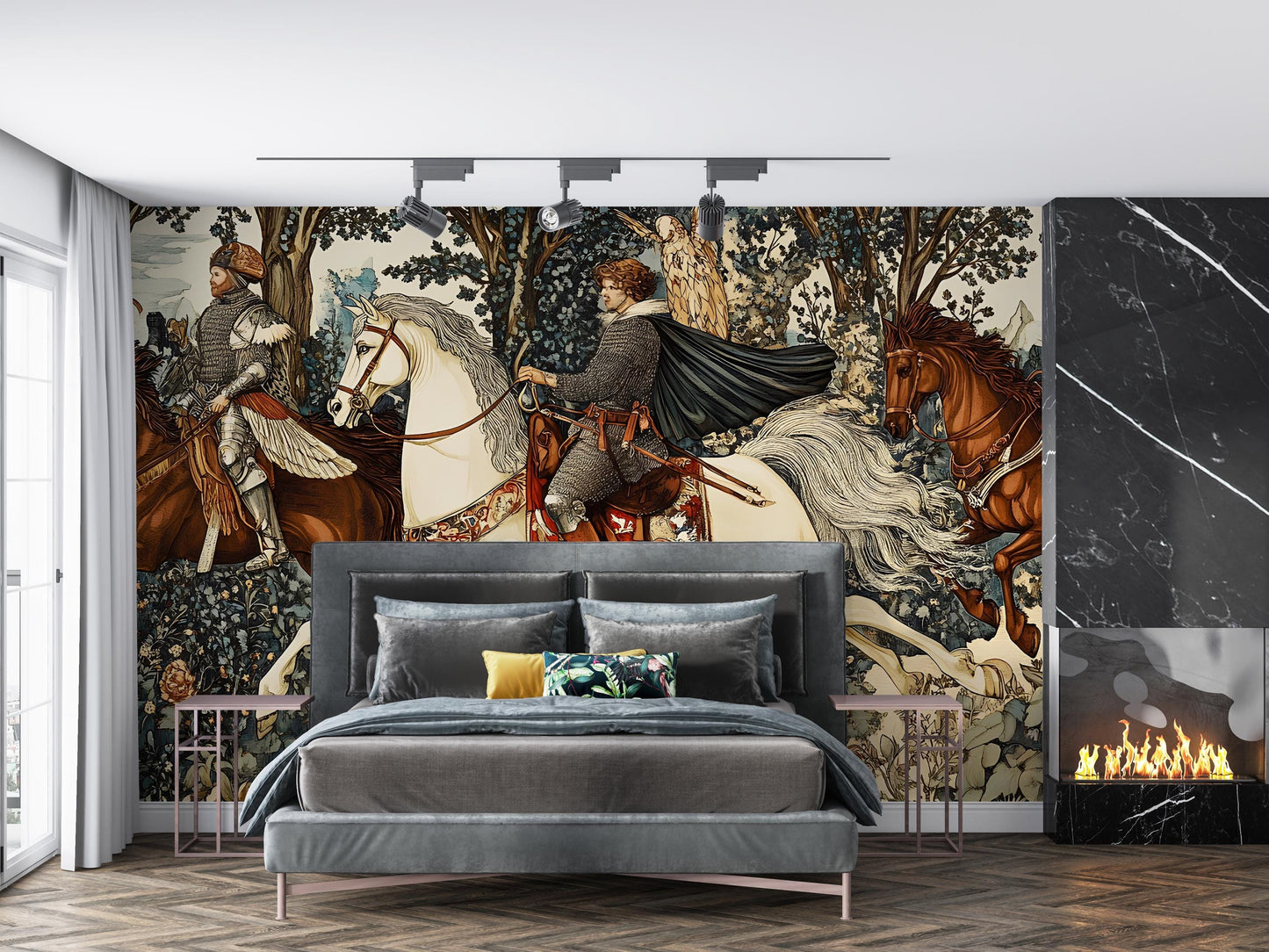 Medieval Knight Wall Mural | Tapestry-Style Art Wallpaper | Historical Horsemen Scene for Bedroom or Living Room Decor Vn187
