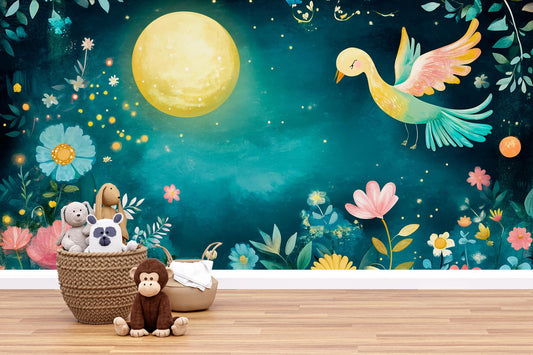 Whimsical Floral Bird Kids Wall Mural – Moonlit Garden Nursery Wallpaper – Colorful Nature Theme Playroom Art Vn434