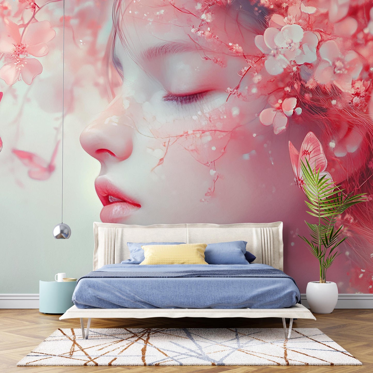 Dreamy Girl Floral Wall Mural – Pink Fantasy Art Wallpaper for Bedroom or Living Room, Ethereal Nature Fairy Design Vn268
