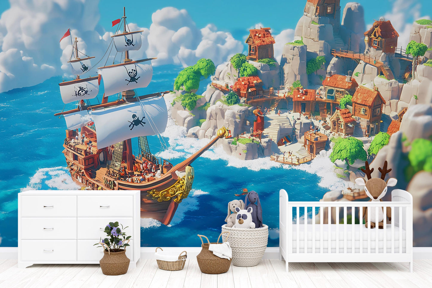 Pirate Ship Adventure Wall Mural | Kids Room Ocean Wallpaper | Nautical Pirate Theme Playroom Decor | Fantasy Island Wall Art Vn 308