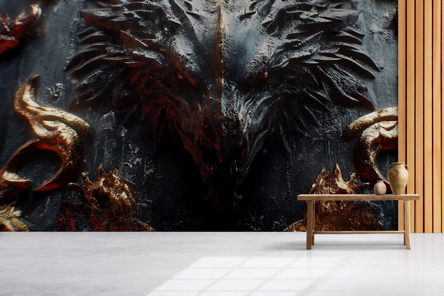 Dark Fantasy Dragon Wall Mural | Gothic Fire Beast Art | Large Wall Decor Vn242