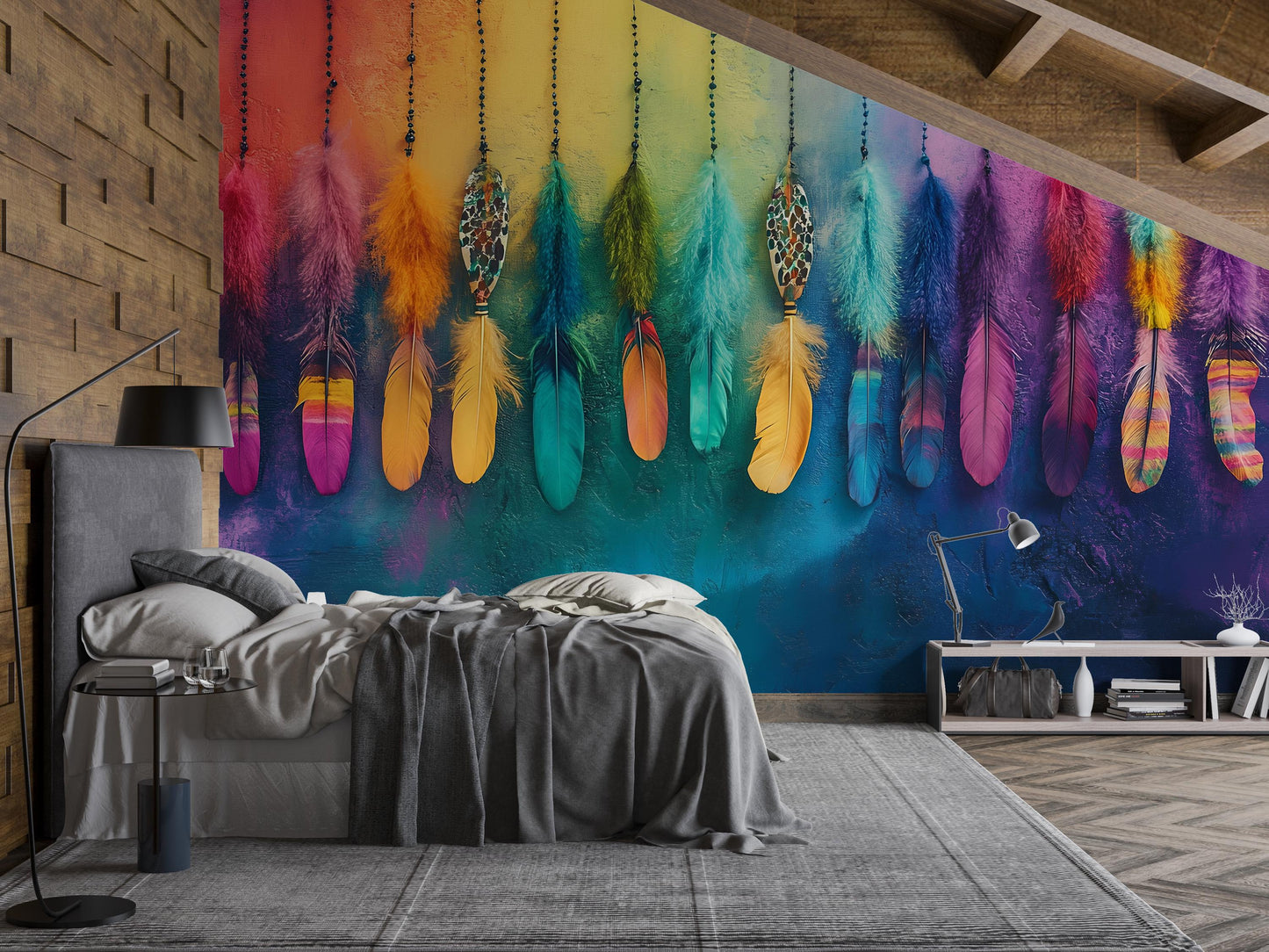 Boho Rainbow Feather Wall Mural | Colorful Feather Art Wallpaper | Vibrant Bedroom Decor | Dreamcatcher-Inspired Accent Wall Vn391