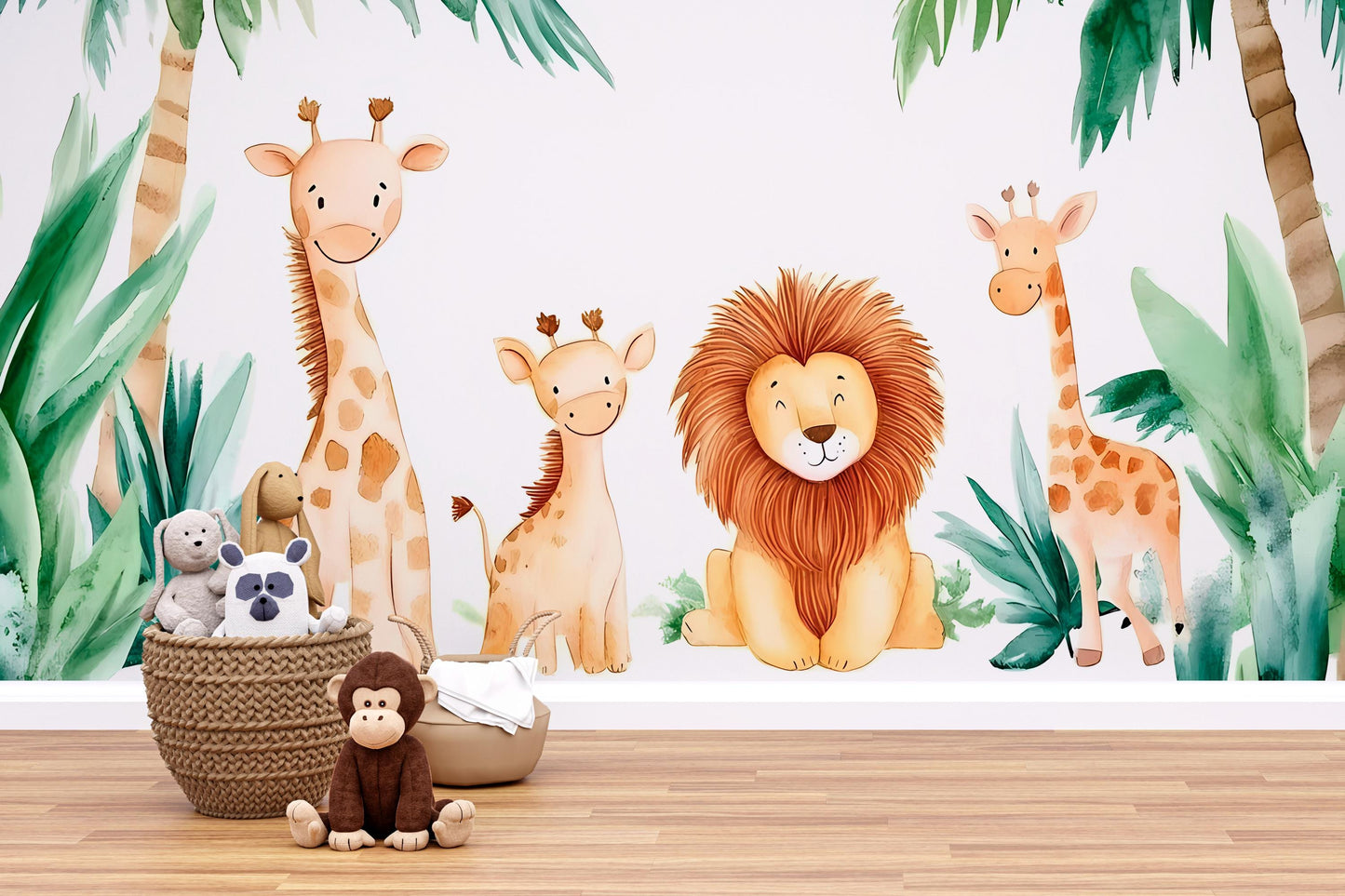 Safari Jungle Animal Wall Mural | Giraffe Lion Nursery Wallpaper | Tropical Baby Room Decor | Jungle Theme Kids Wall Art Vn043