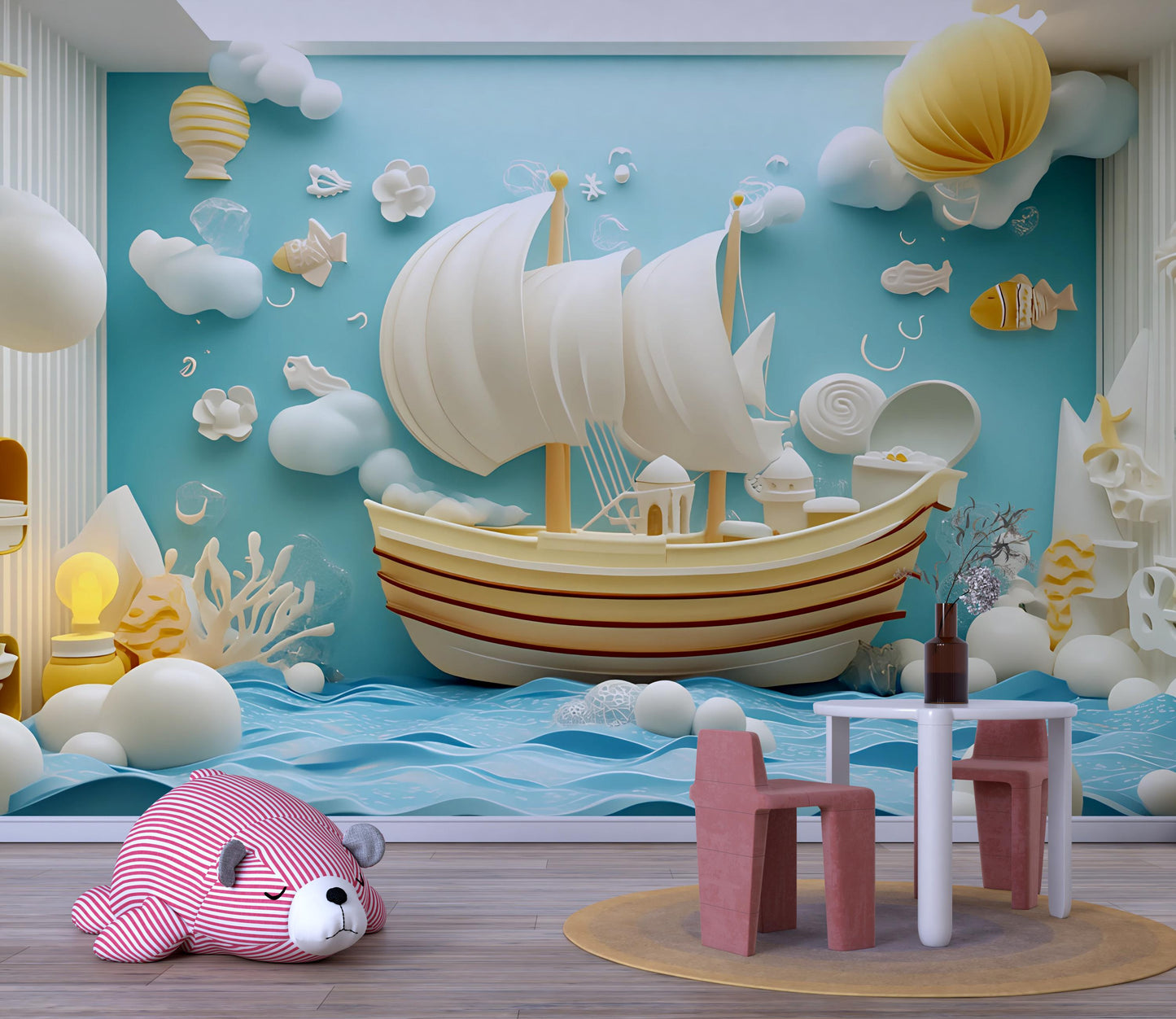 Whimsical Ocean Ship Wall Mural for Kids Room – Nautical 3D Art Print Vn329