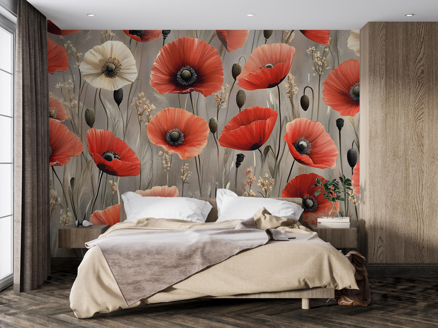 Red Poppy Floral Wall Mural – Large Botanical Flower Wallpaper for Bedroom, Living Room, or Accent Wall Décor Vn333