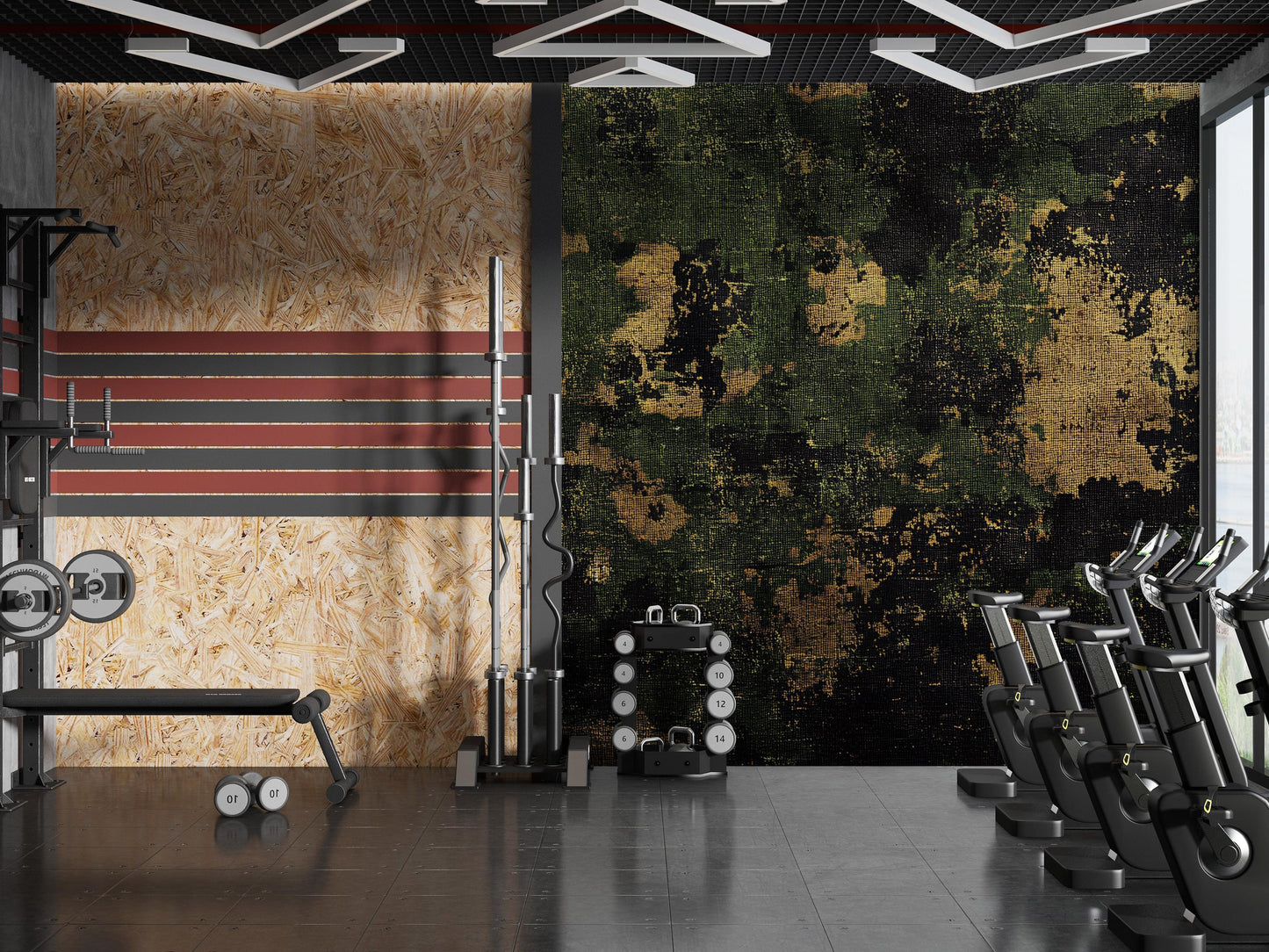 Modern Gym Wall Mural – Industrial Camo & Geometric Pattern, Fitness Center Decor Vn462