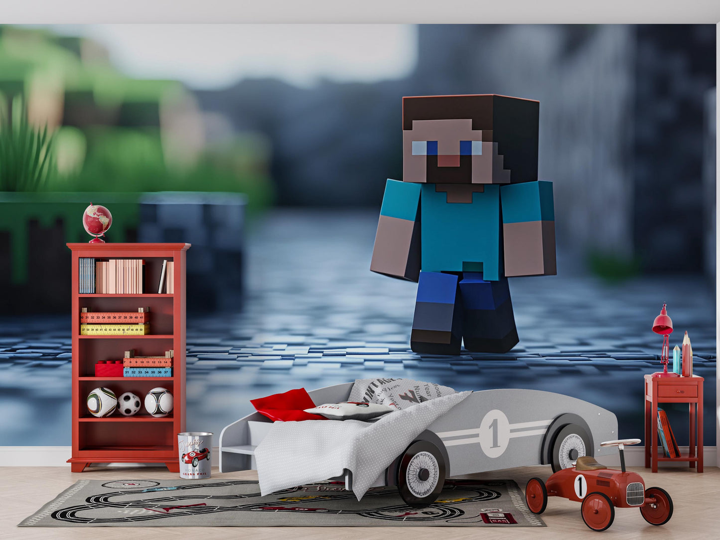 Minecraft Wall Art for Kids Room – Gamer Bedroom Decor with Steve, Pixel Style Mural for Boys, Video Game Nursery Art Vn282