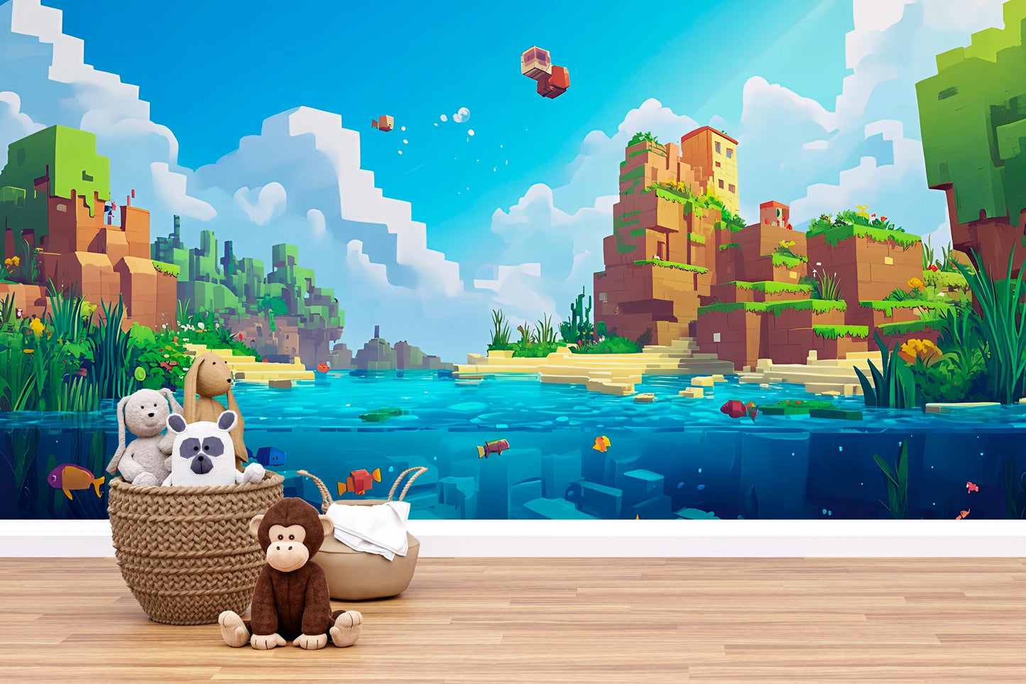 Minecraft Style Kids Wall Mural - Pixel Art Lake Scene Wallpaper - Boys Room Decor Vn280