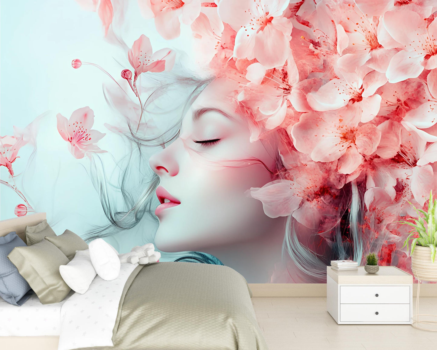 Floral Woman Wall Mural - Soft Pink Blossoms & Dreamy Face Art - Feminine Bedroom Decor - Modern Artistic Flower Wallpaper Vn269