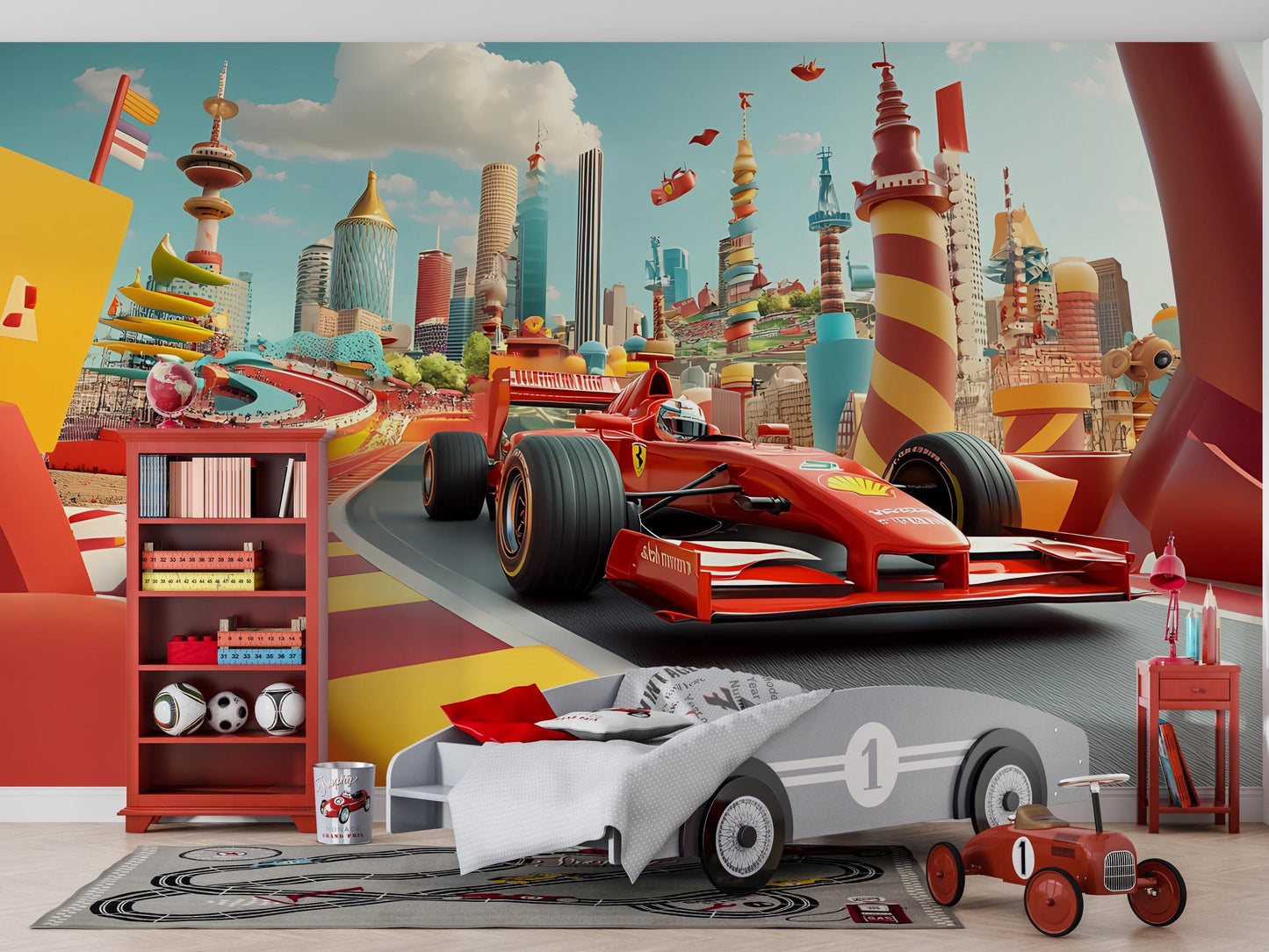 Kids Race Car Wall Mural – Colorful Formula 1 Cityscape Wallpaper for Boys Room Vn371