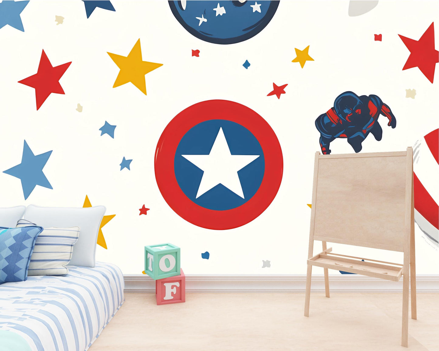 Superhero Kids Wall Mural | Captain America Shield Star Print | Boys Room Decor | Hero Nursery Wallpaper | Playroom Wall Art Vn275