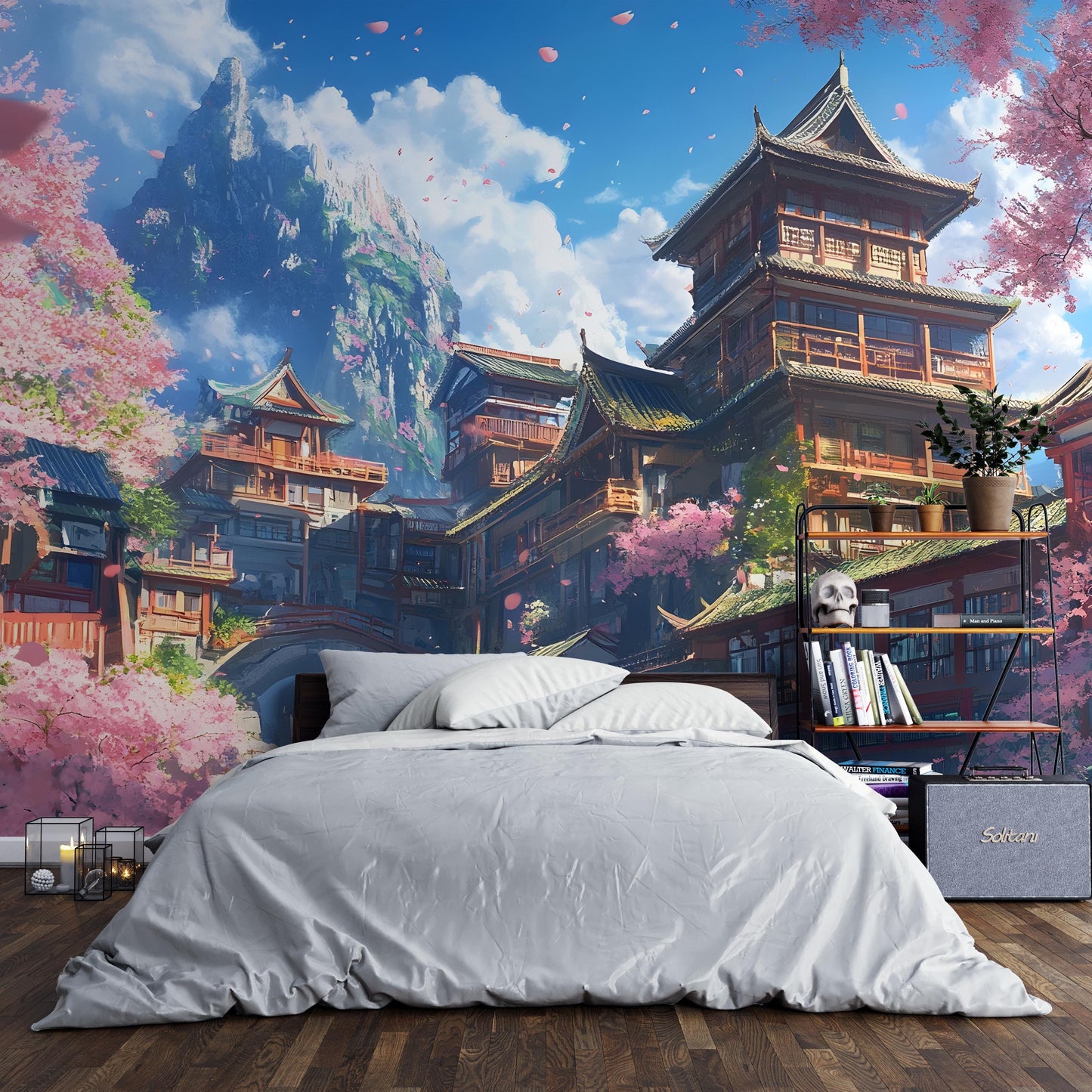 Japanese Temple Wall Mural | Cherry Blossom Art | Fantasy Mountain Wallpaper Vn029