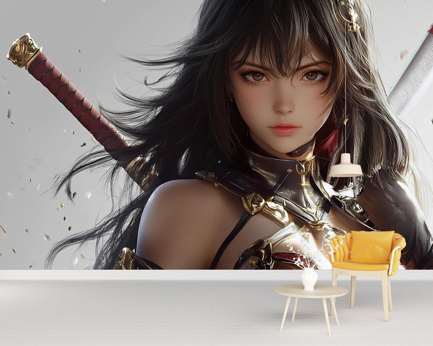 Anime Warrior Girl Wall Mural – Fantasy Sword Art Poster – Japanese Samurai Female Art Print – Modern Anime Home Decor Vn356