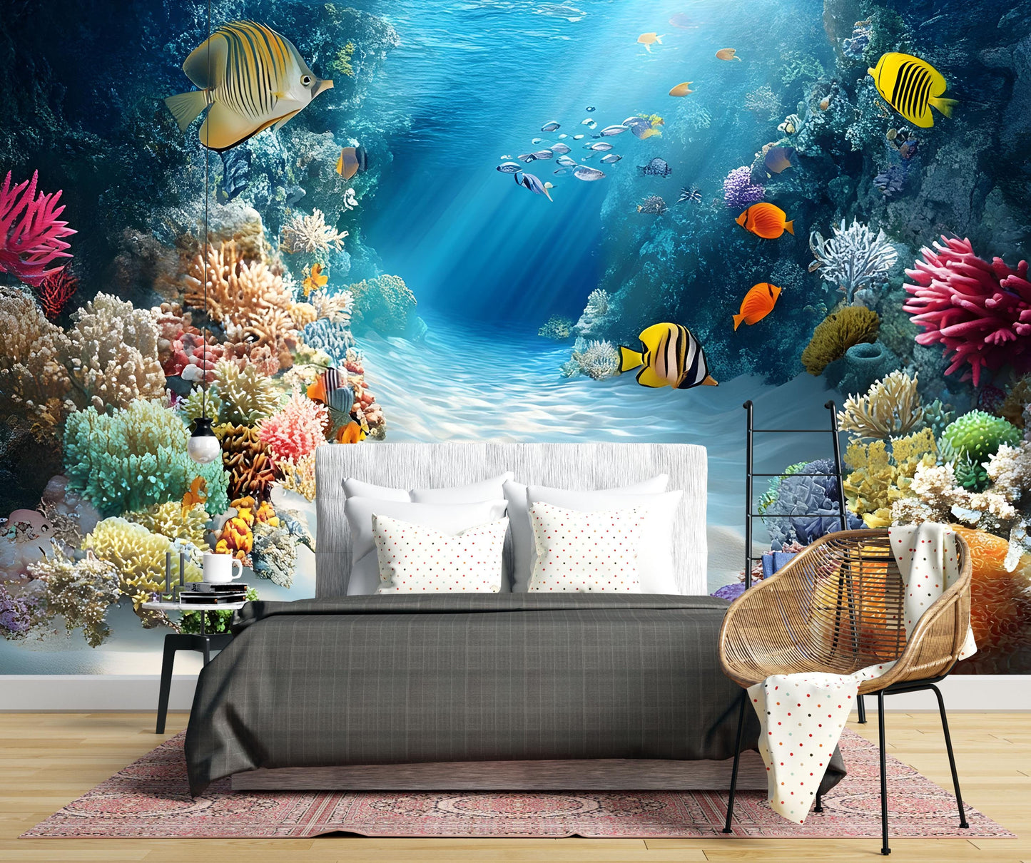 Underwater Ocean Wall Mural for Office or Reception | 3D Coral Reef Wallpaper | Tropical Fish Aquarium Scene | Sea Themed Wall Art Vn008