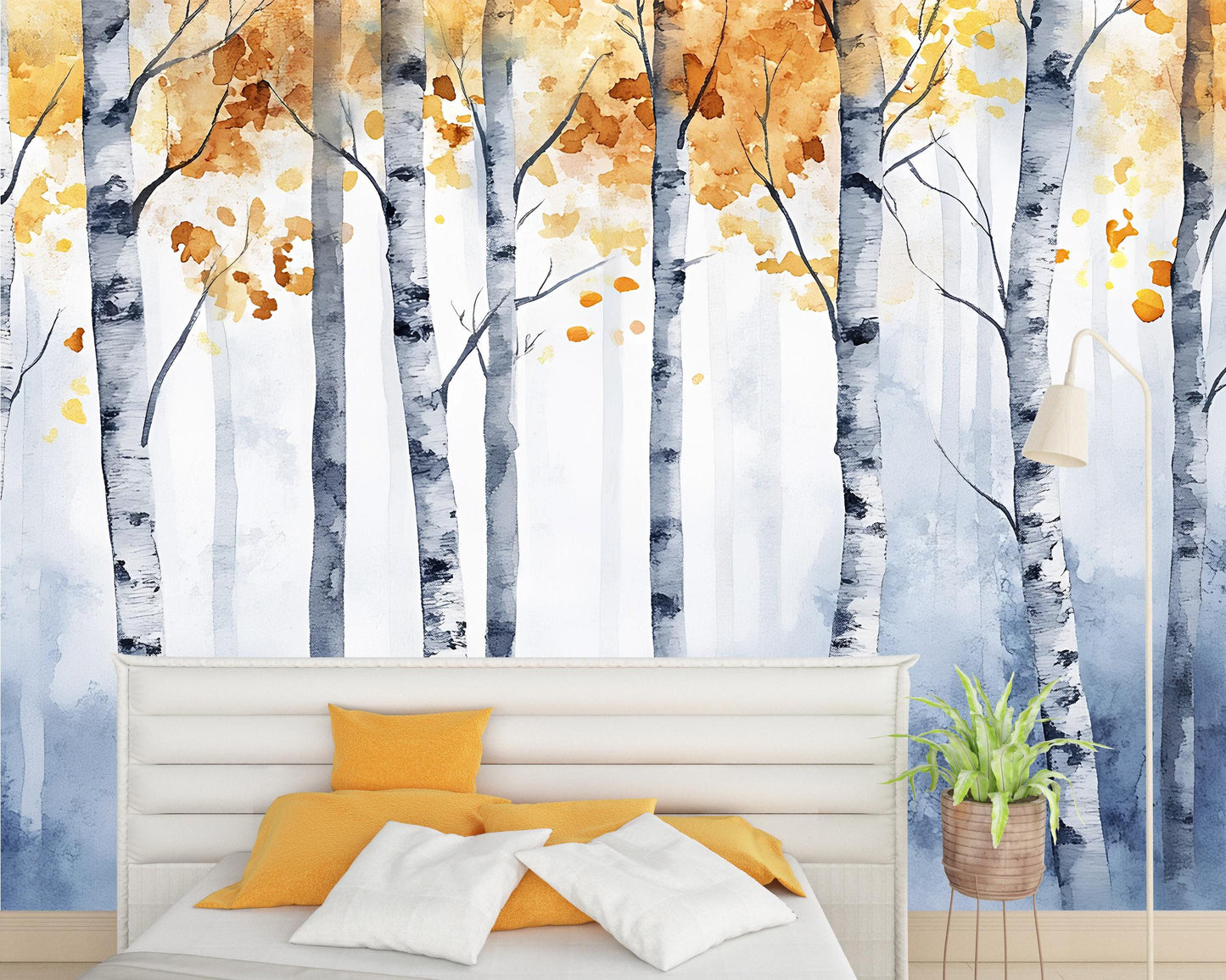 Birch Forest Wall Mural – Autumn Tree Wallpaper – Scandinavian Nature Art for Bedroom or Living Room – Cozy Rustic Wall Décor Vn486