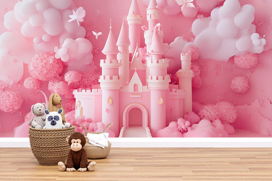 Princess Castle Wall Mural for Girls Room – Pink Fairytale Wallpaper | Dreamy Kids Room Decor | Magical Nursery Art Vn364