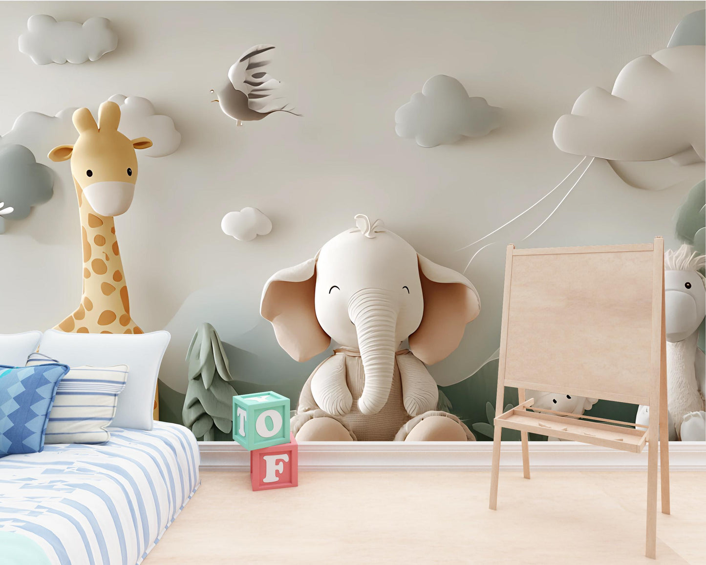 Safari Animal Nursery Wall Art - Jungle Theme Kids Room Decor - Elephant Giraffe Baby Wallpaper Vn 295