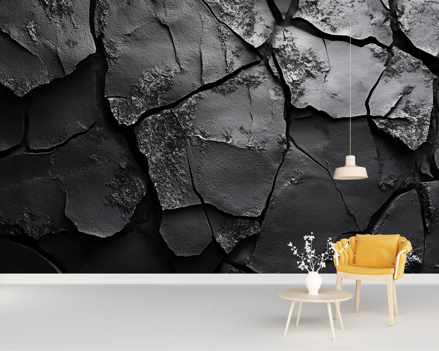 Modern Cracked Black Wall Mural | Textured Abstract Wallpaper | Luxury 3D Look Accent Wall Art for Living Room or Office Vn244