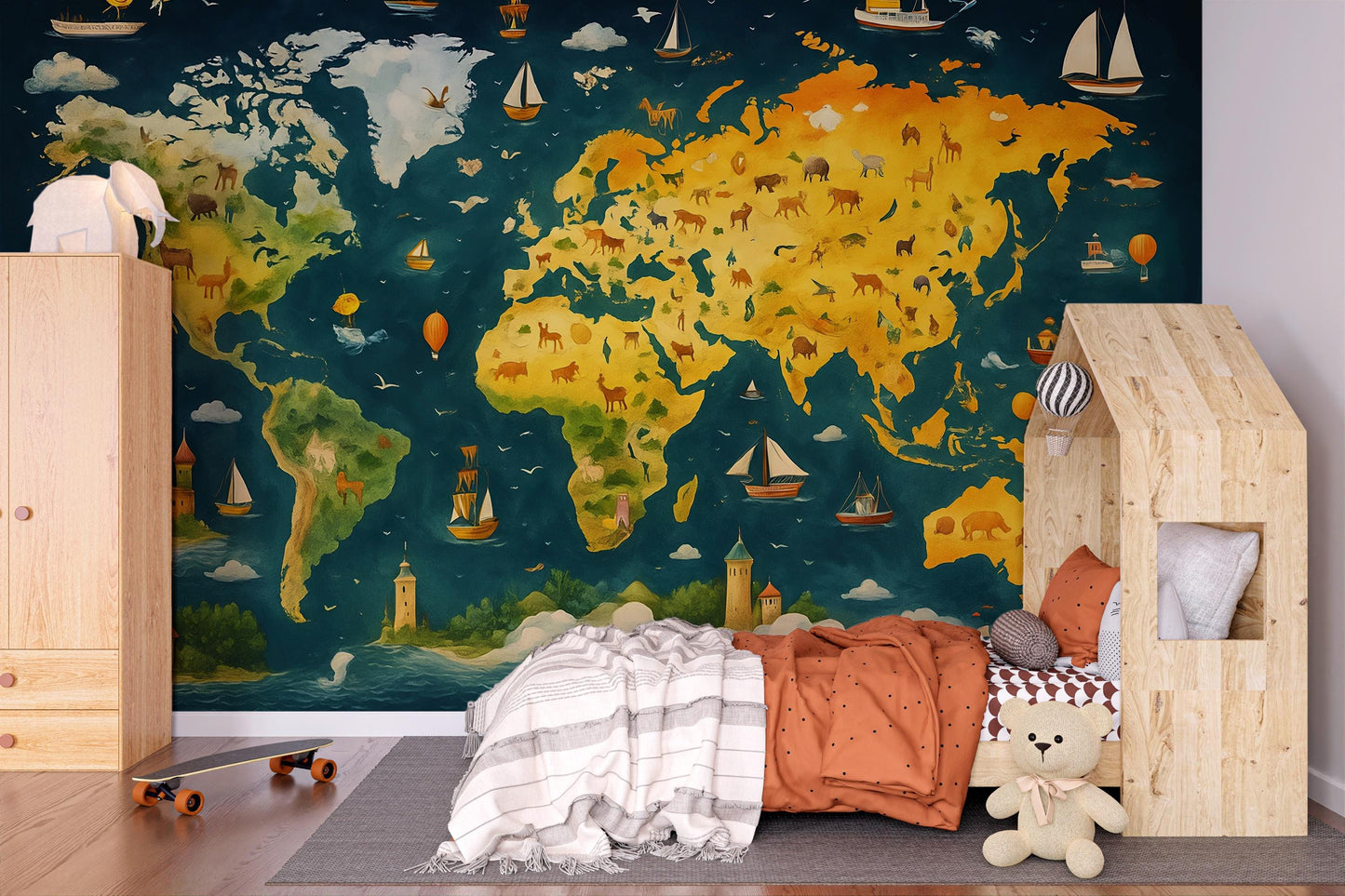 World Map Kids Wall Mural | Educational Wallpaper | Adventure Theme Nursery Decor | Geography Playroom Wall Art Vn423