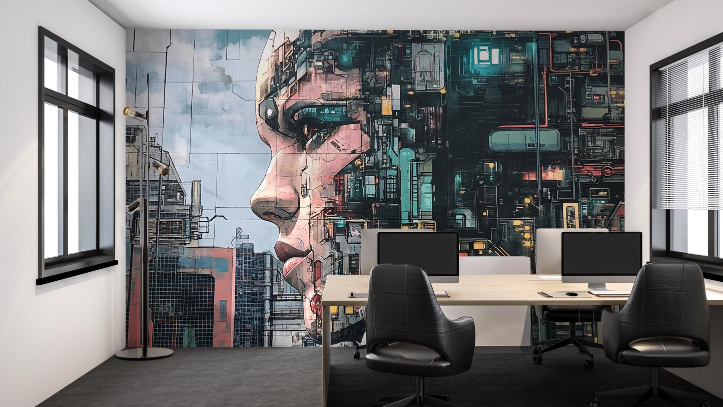 Cyberpunk Office Wall Mural – Futuristic Tech Face Art for Workspace Vn196