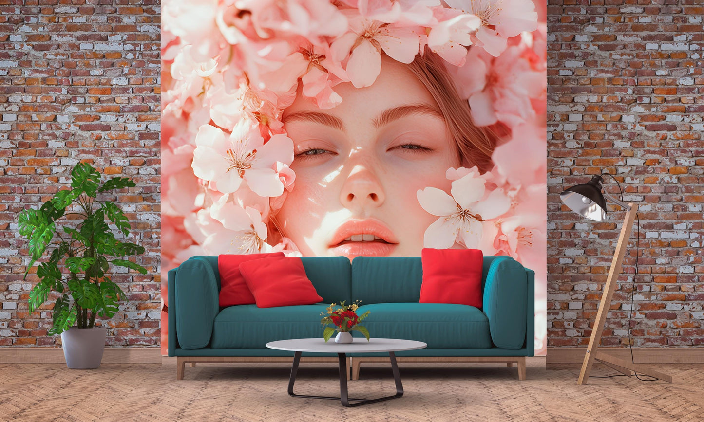 Floral Face Art Print | Pink Blossom Portrait Wall Mural | Feminine Spring Decor for Living Room | Boho Botanical Photo Poster Vn170