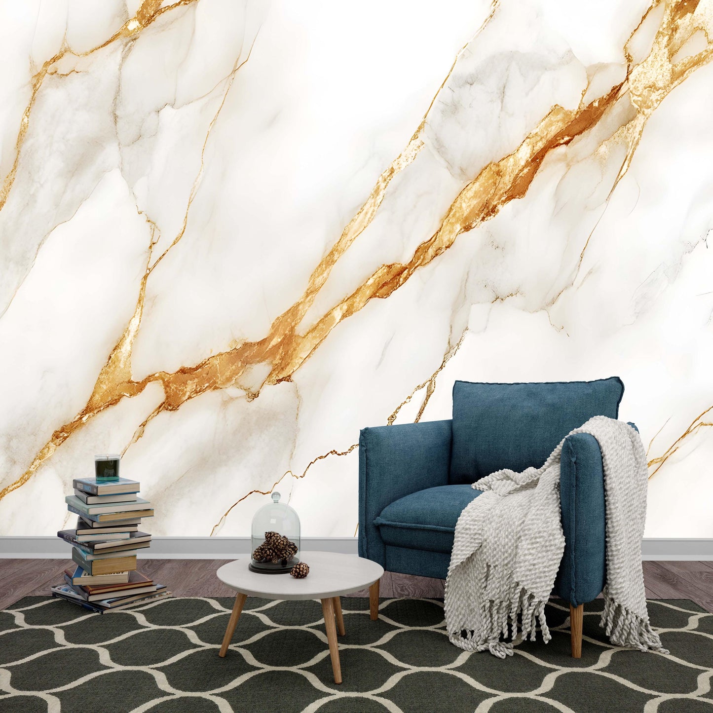 Modern Marble Wall Mural | Gold Vein Wallpaper | Abstract Marble Accent Wall for Living Room Decor | Peel and Stick Removable Mural Vn048