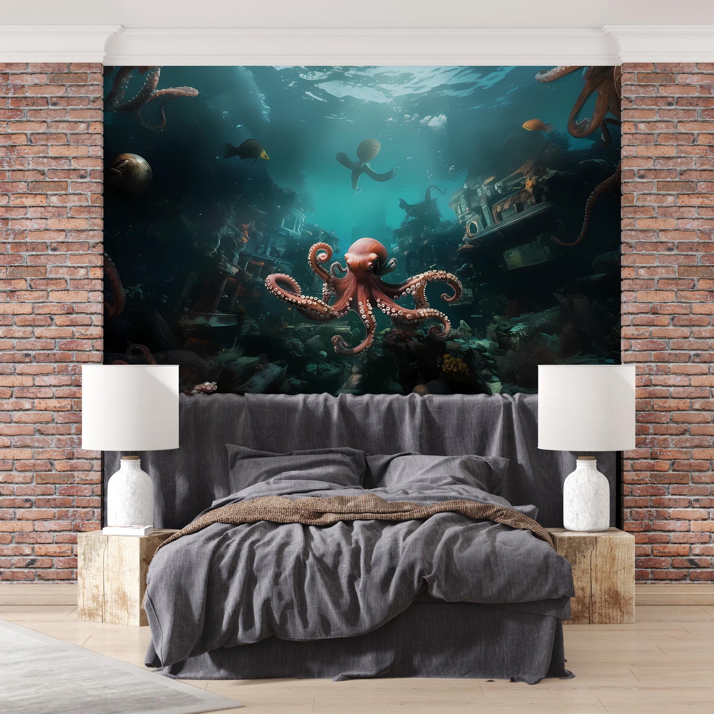Underwater Octopus Wall Mural | Ocean Scene Bedroom Decor | Nautical Sea Life Art Print for Home Interiors Vn009