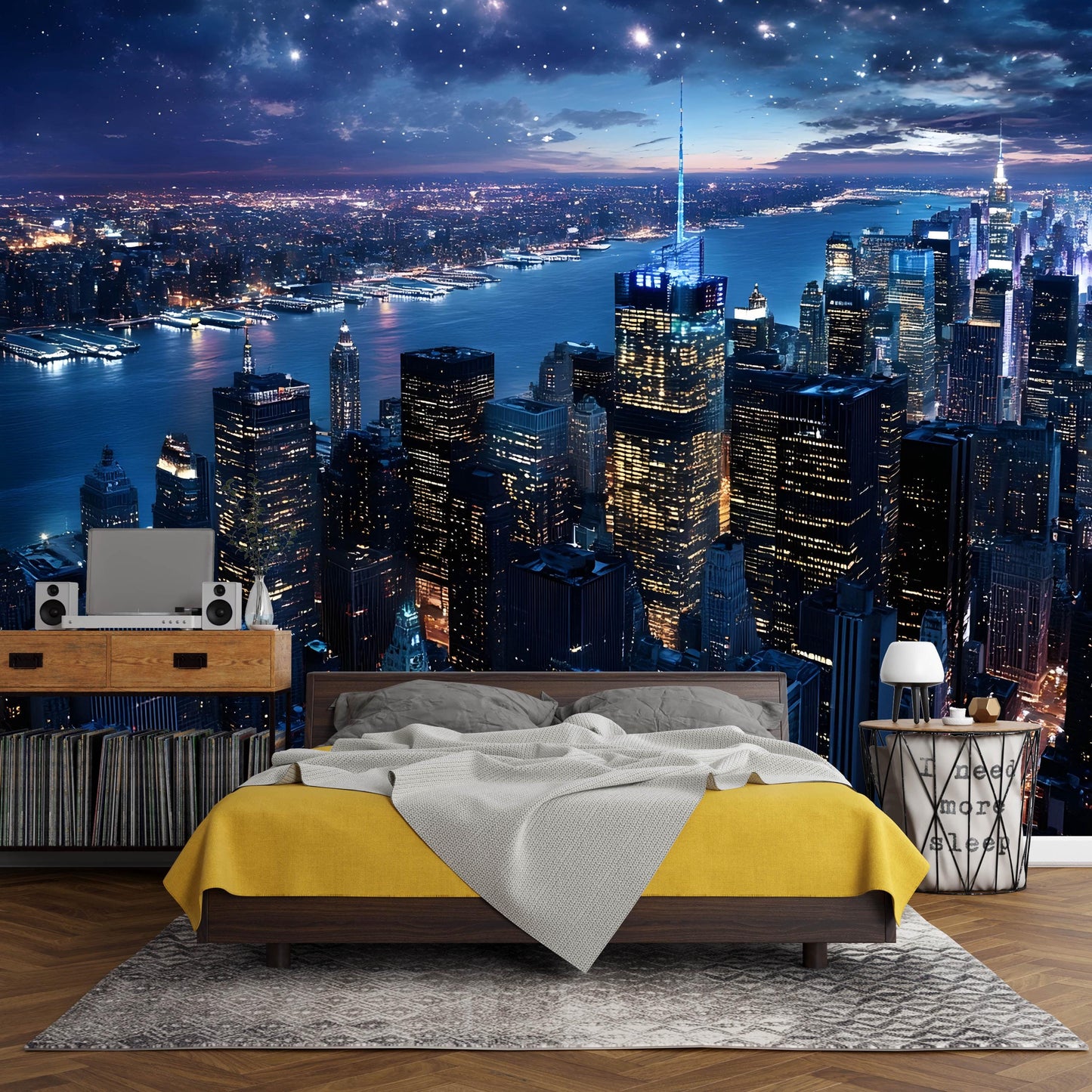 City Skyline Night Wall Mural – New York Cityscape Wallpaper – Urban Night View – Large Wall Art for Bedroom or Living Room Décor Vn012