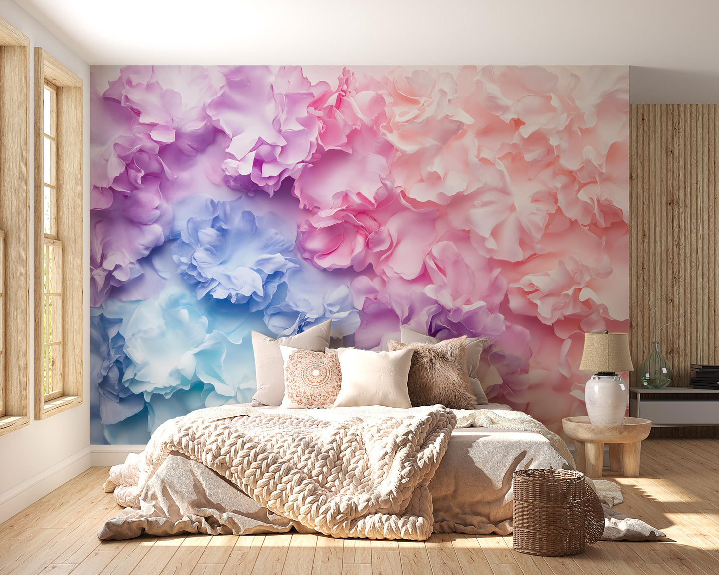 Romantic 3D Pastel Floral Wall Mural – Pink Purple Blue Flower Wallpaper for Bedroom, Living Room or Accent Wall Décor Vn465