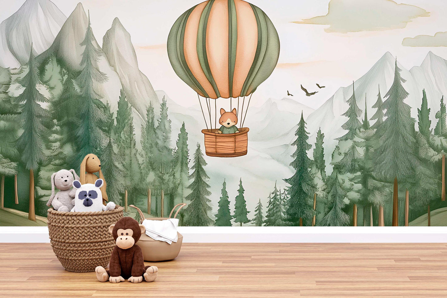 Whimsical Forest Hot Air Balloon Wall Mural – Woodland Animal Nursery Wallpaper – Cute Scenic Kids Room Décor Vn445