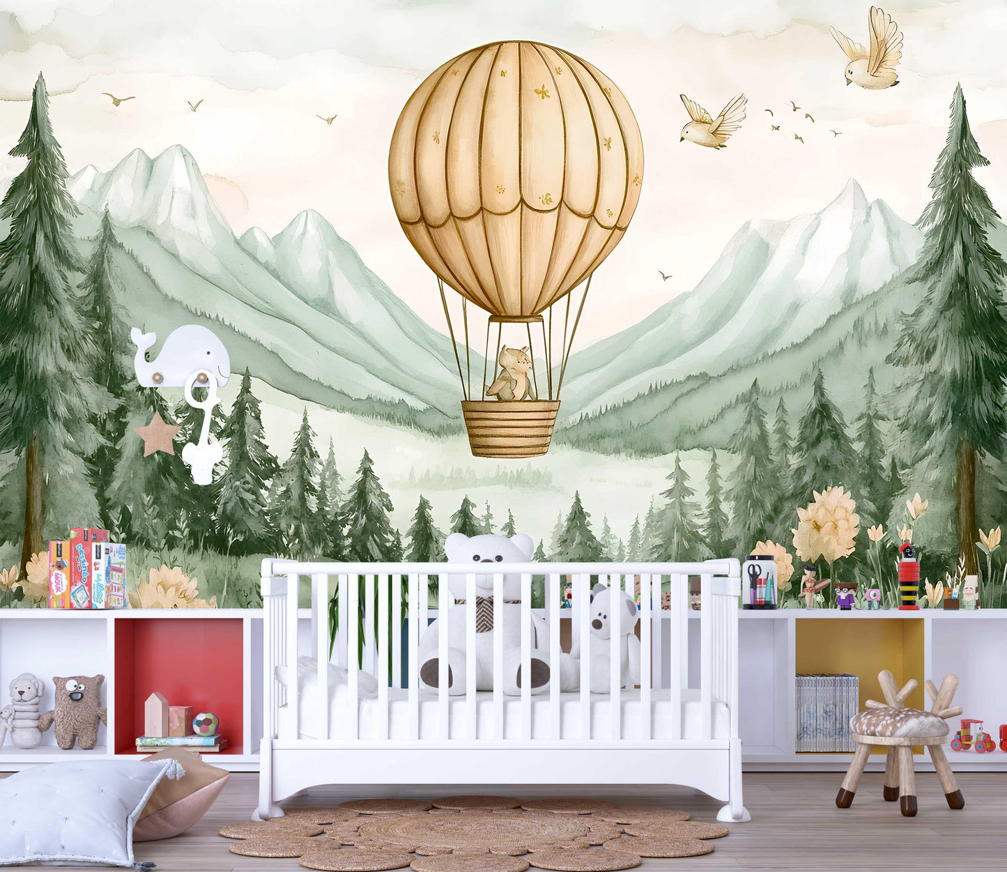 Whimsical Bear Hot Air Balloon Nursery Wall Mural – Forest Mountains Animal Wallpaper for Kids Room Decor Vn447