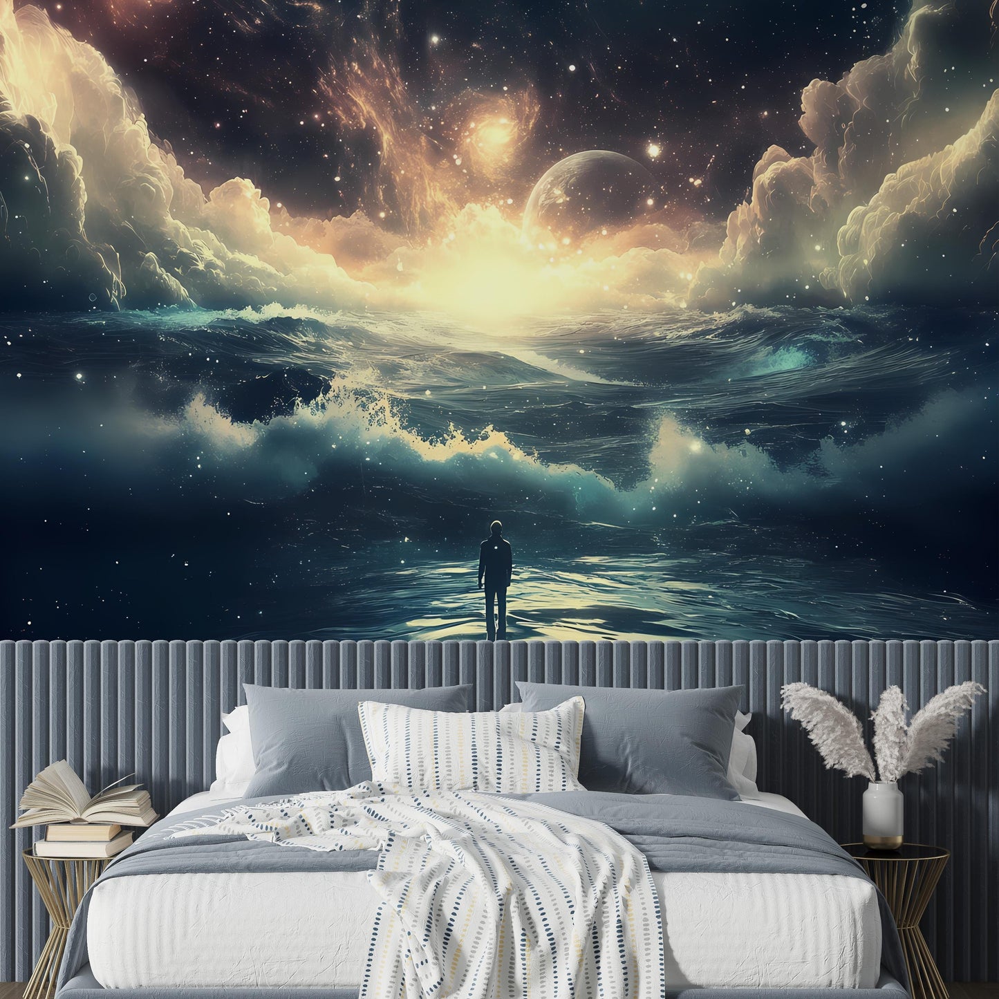Surreal Ocean Galaxy Wall Art – Cosmic Sunset Seascape Mural with Stars, Planets & Waves – Dreamy Sci-Fi Fantasy Home Vn023
