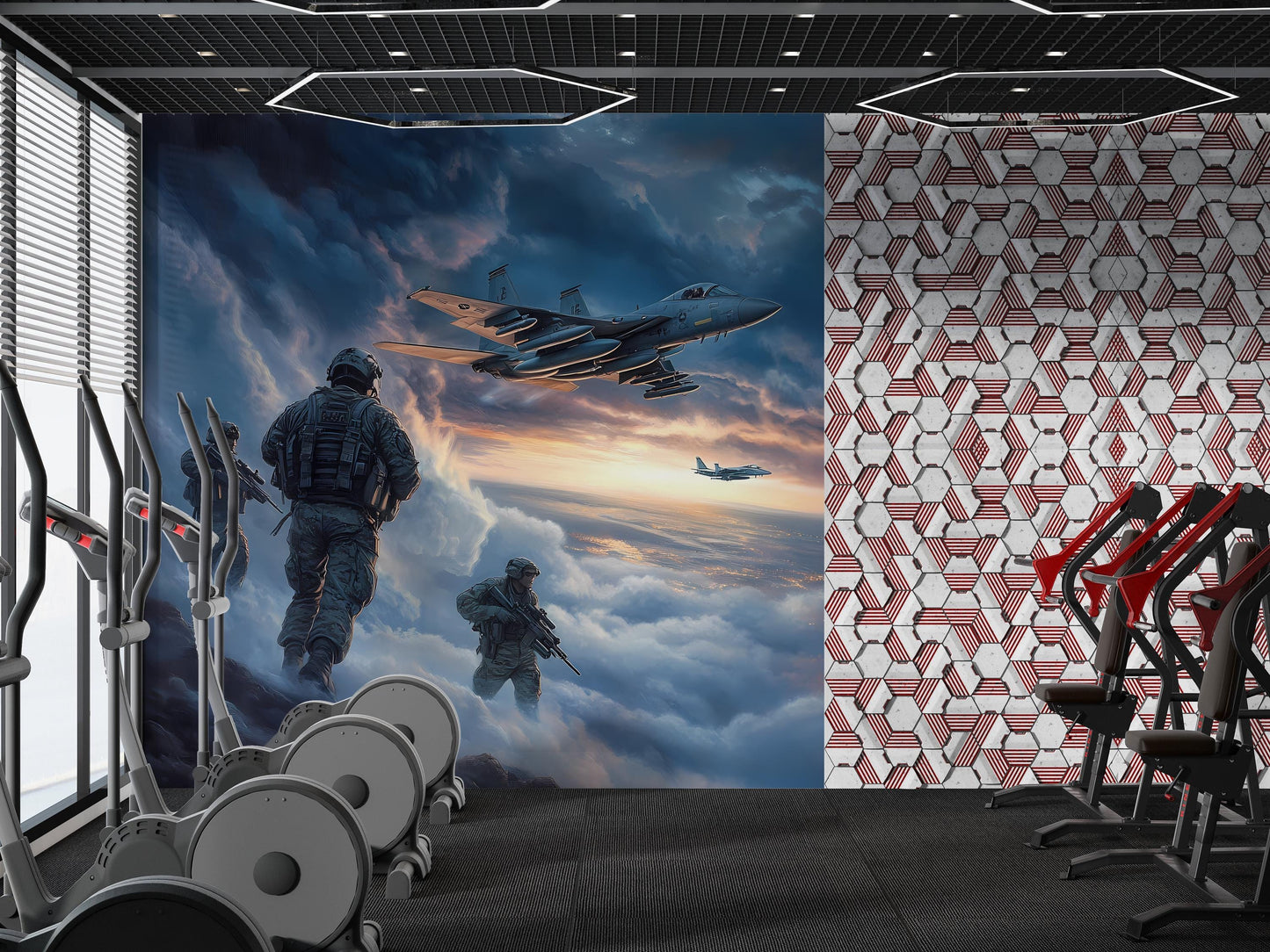 Military Gym Wall Art | Fighter Jet & Soldier Mural | Tactical Motivation Poster | Home Gym Decor | Warplane Canvas Print Vn103