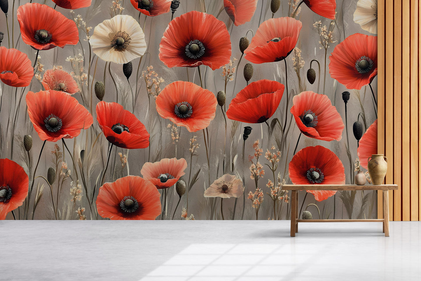 Poppy Flower Wall Mural – Red & Beige Floral Wallpaper – Modern Botanical Wall Art Vn328