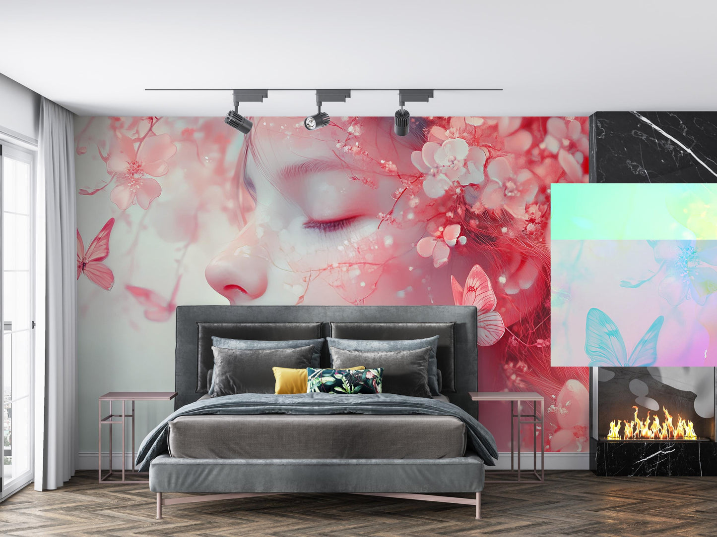 Dreamy Girl Floral Wall Mural – Pink Fantasy Art Wallpaper for Bedroom or Living Room, Ethereal Nature Fairy Design Vn268