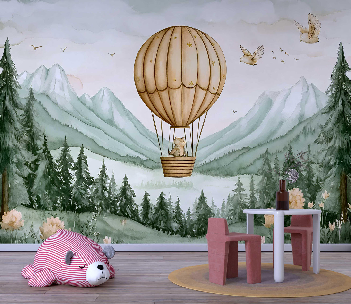 Whimsical Bear Hot Air Balloon Nursery Wall Mural – Forest Mountains Animal Wallpaper for Kids Room Decor Vn447
