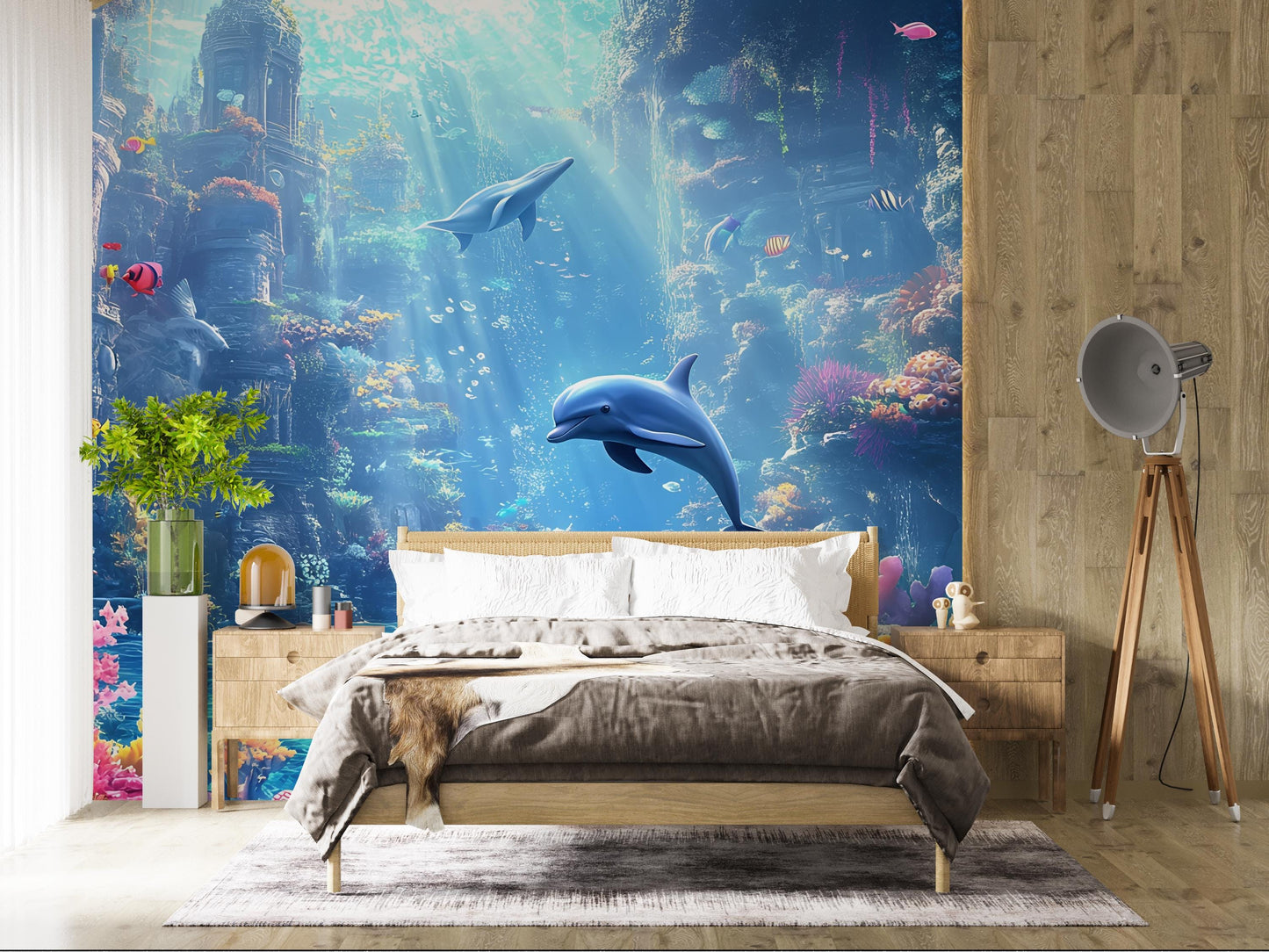 Underwater Ocean Wall Mural, 3D Dolphin Coral Reef Wallpaper, Kids Room Sea Decor Vn254