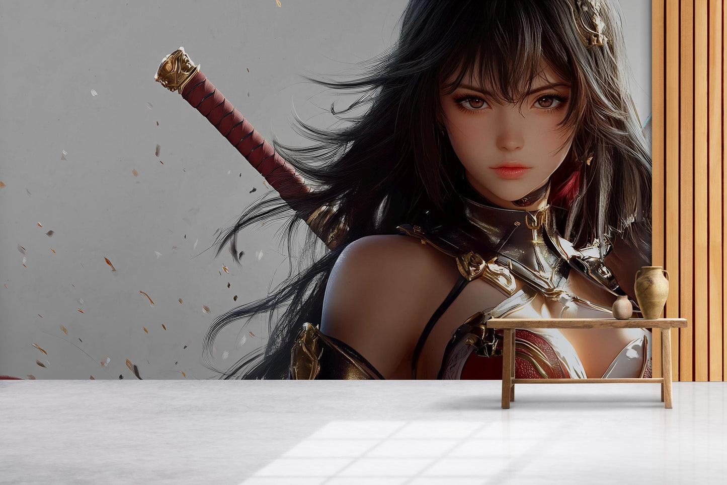 Anime Warrior Girl Wall Mural – Fantasy Sword Art Poster – Japanese Samurai Female Art Print – Modern Anime Home Decor Vn356