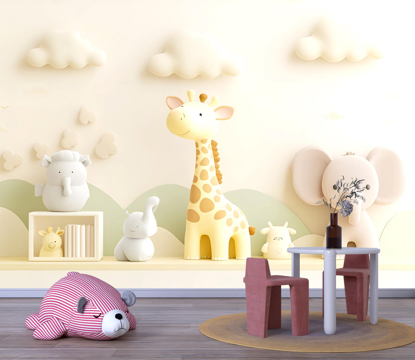 Soft Safari Nursery Wall Art | Giraffe Elephant Jungle Animals Decor | 3D Baby Room Mural | Gender Neutral Nursery Print Vn425