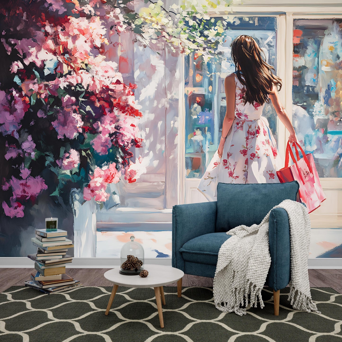 Romantic Floral Wall Mural | Girl Shopping Art | Feminine Bedroom Wallpaper | Modern Fashion Wall Decor | Large Statement Mural Vn062