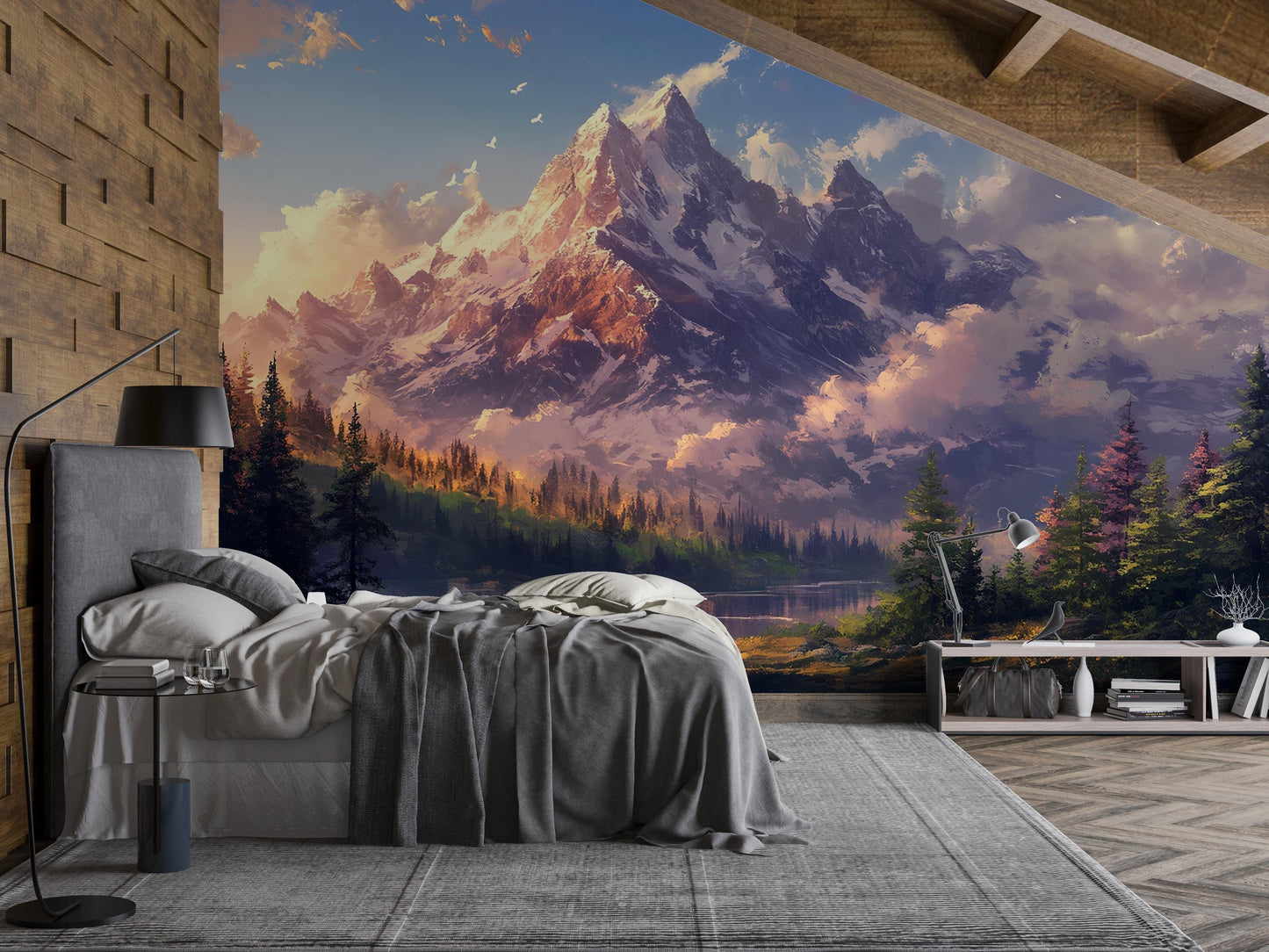 Mountain Wall Mural – Scenic Nature Landscape Wallpaper for Bedroom | Serene Forest & Alpine Peaks | Cozy Cabin Wall Art Décor Vn250