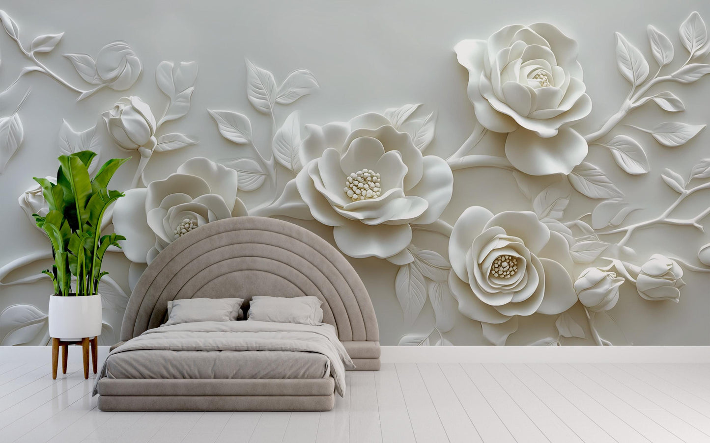 3D Floral Wall Mural for Bedroom – Elegant White Rose Wallpaper – Luxury Textured Flower Wall Art – Romantic Botanical Wall Decor Vn473