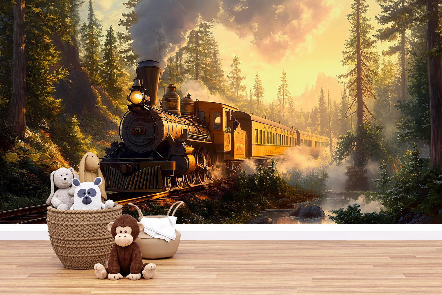 Vintage Steam Train Nursery Mural – Forest Adventure Wall Art for Kids Room Vn223