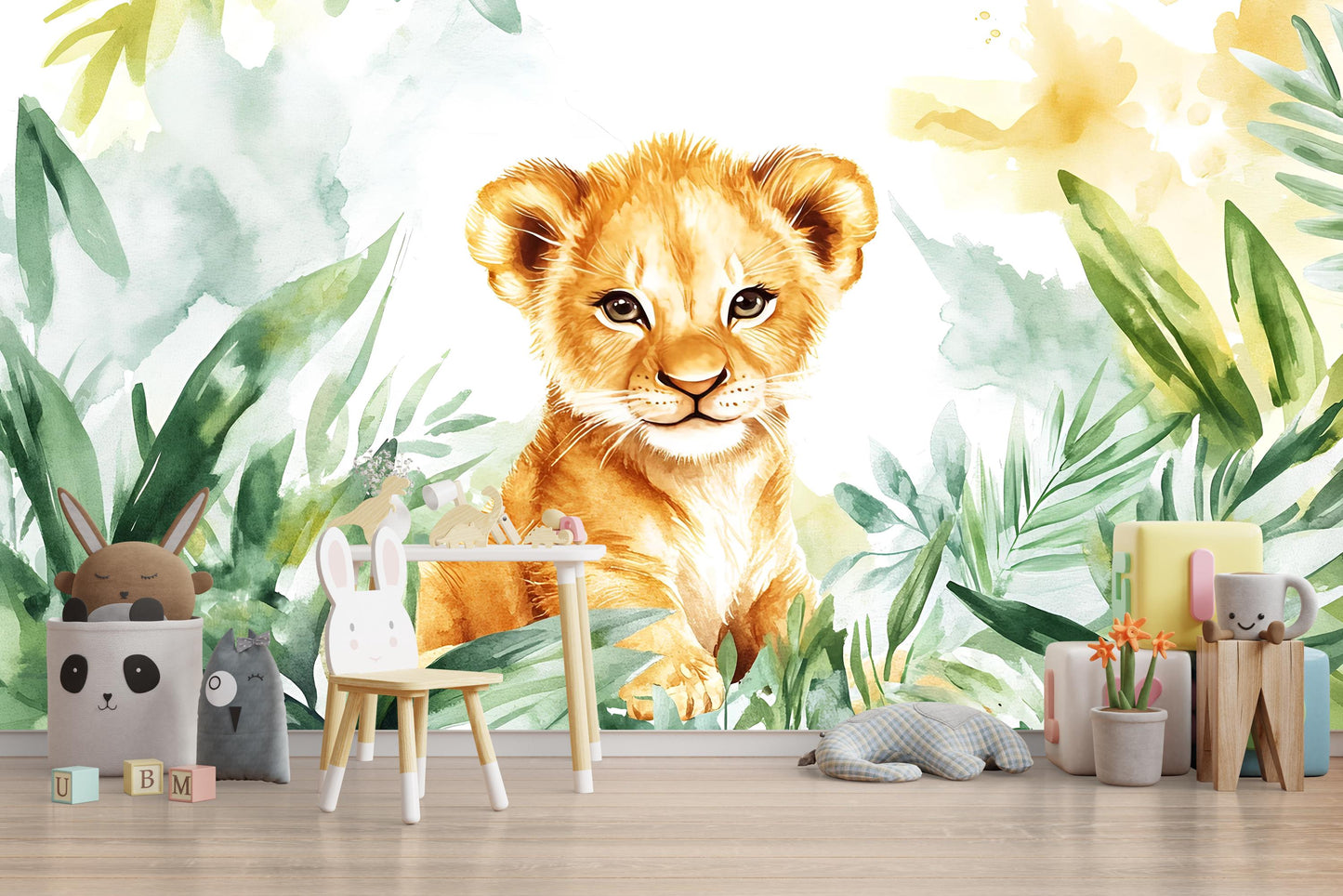 Watercolor Lion Cub Jungle Wall Mural for Kids Room Nursery Safari Animal Wallpaper Vn345