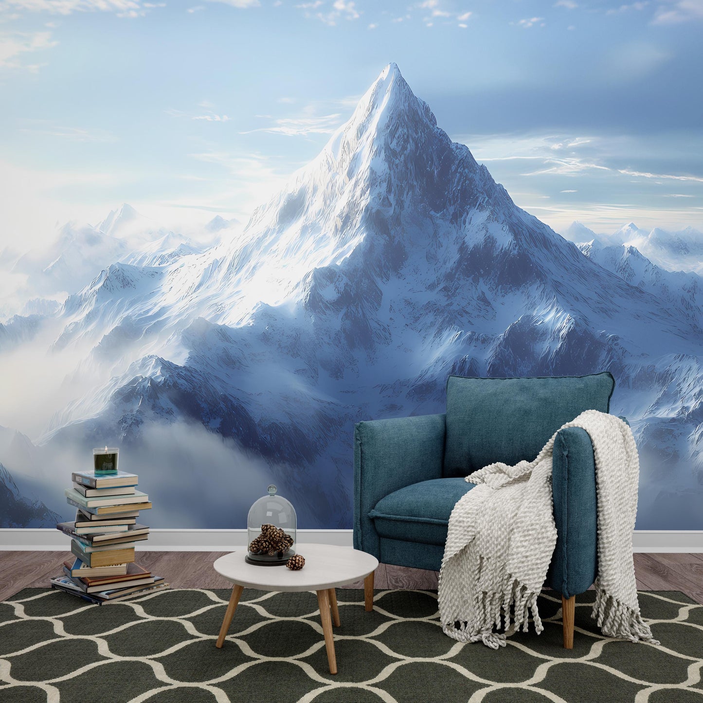 Snowy Mountain Wall Mural | Scenic Winter Mountain Wallpaper for Living Room | Modern Nature Landscape Art Décor Vn095