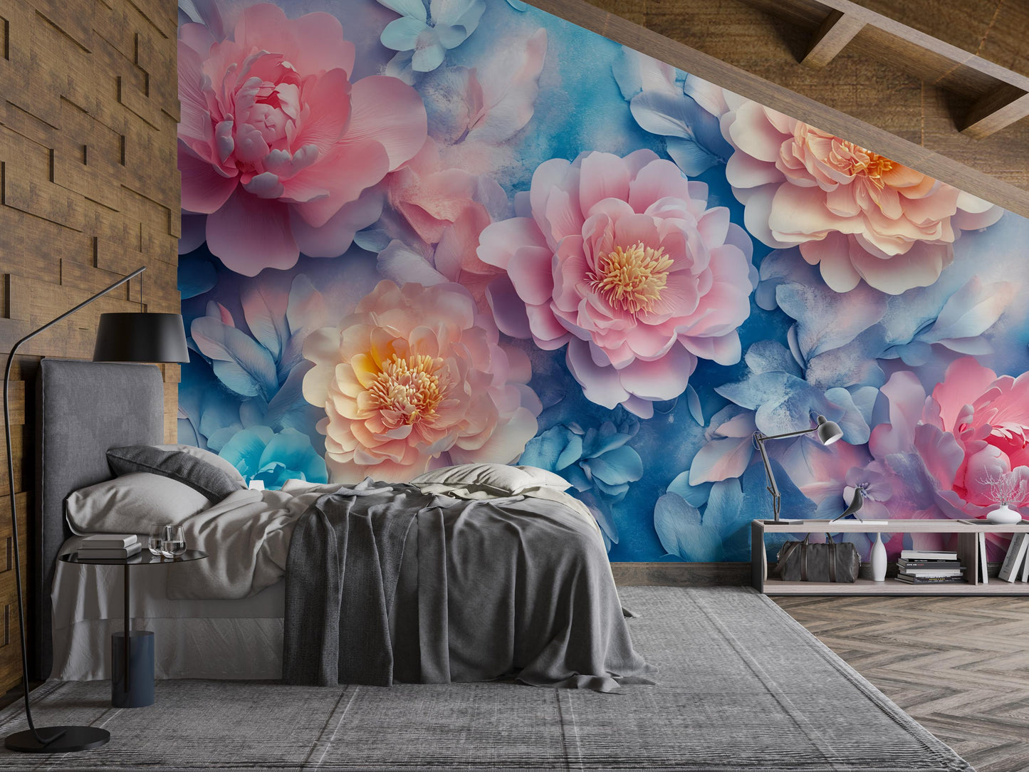 Large Floral Wall Mural | Pink Peony Flower Wallpaper | Romantic Botanical Bedroom Decor Vn470