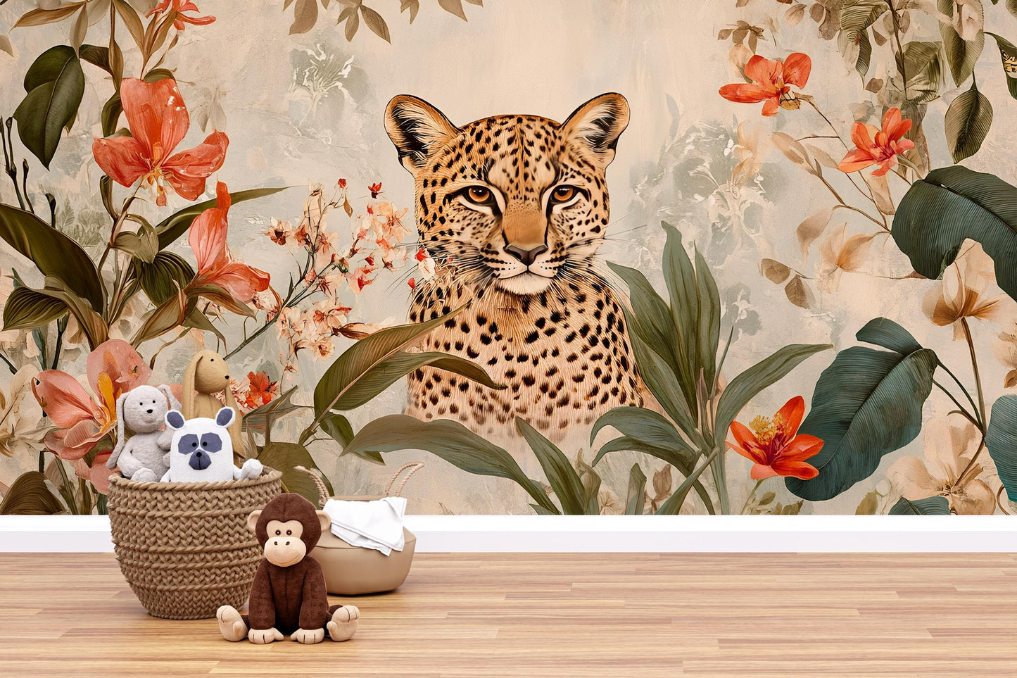 Leopard Jungle Mural Nursery Wallpaper - Safari Animal Wall Art - Botanical Baby Room Decor Vn212