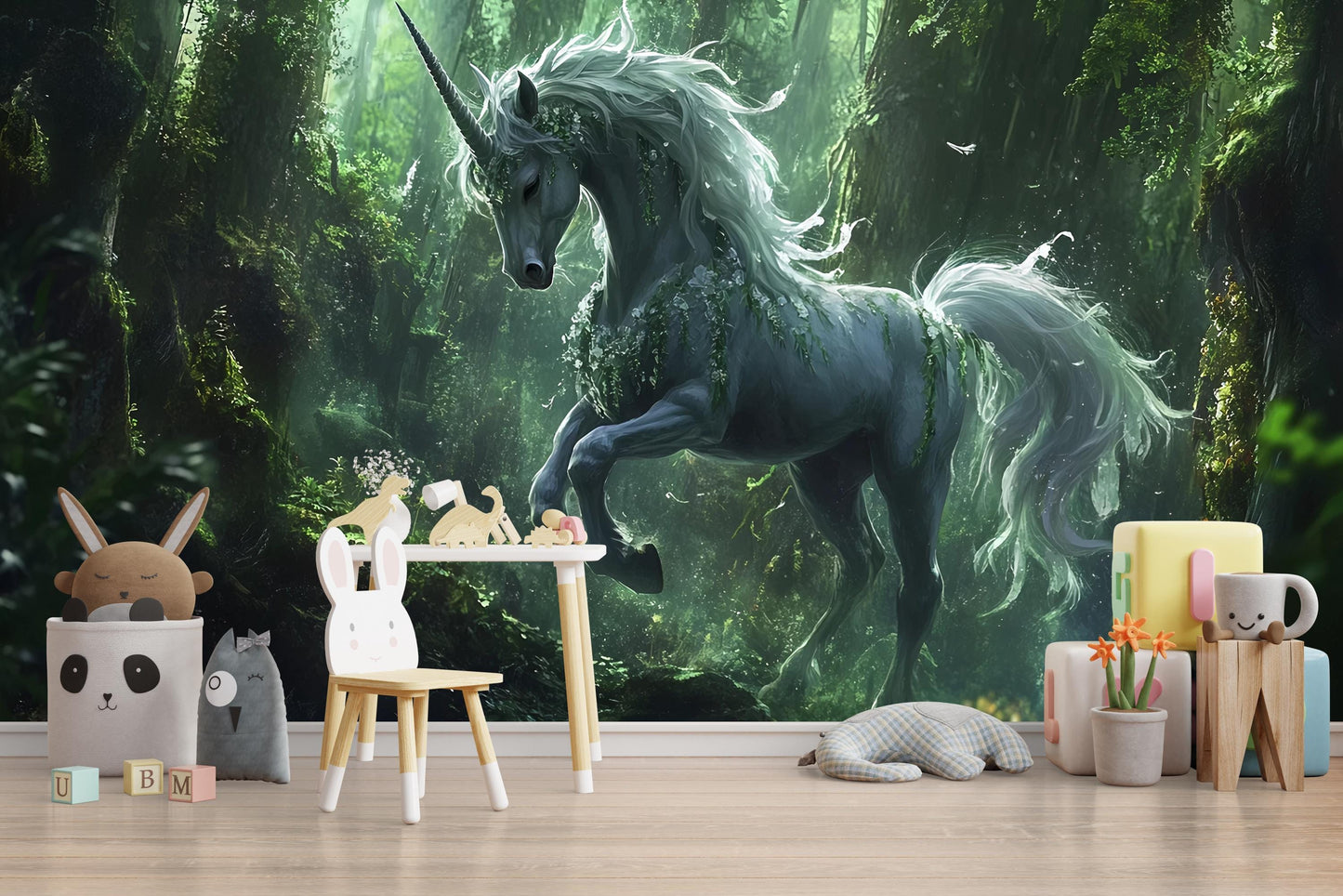 Magical Unicorn Forest Nursery Wall Mural – Fantasy Woodland Baby Room Decor, Fairy Tale Animal Wallpaper for Kids Vn 302